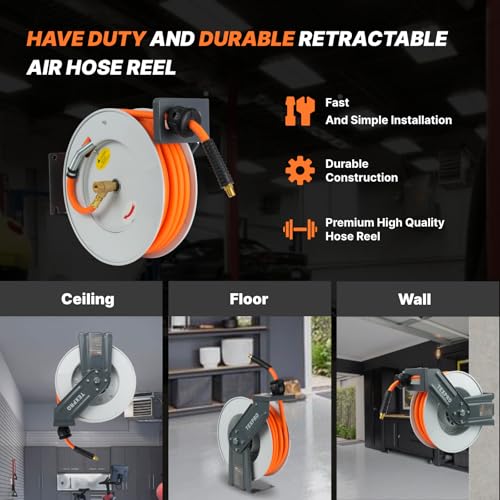 Retractable Air Hose Reel, 3/8 in x 30 ft, 300 PSI, Ceiling/Wall Mounted U1226