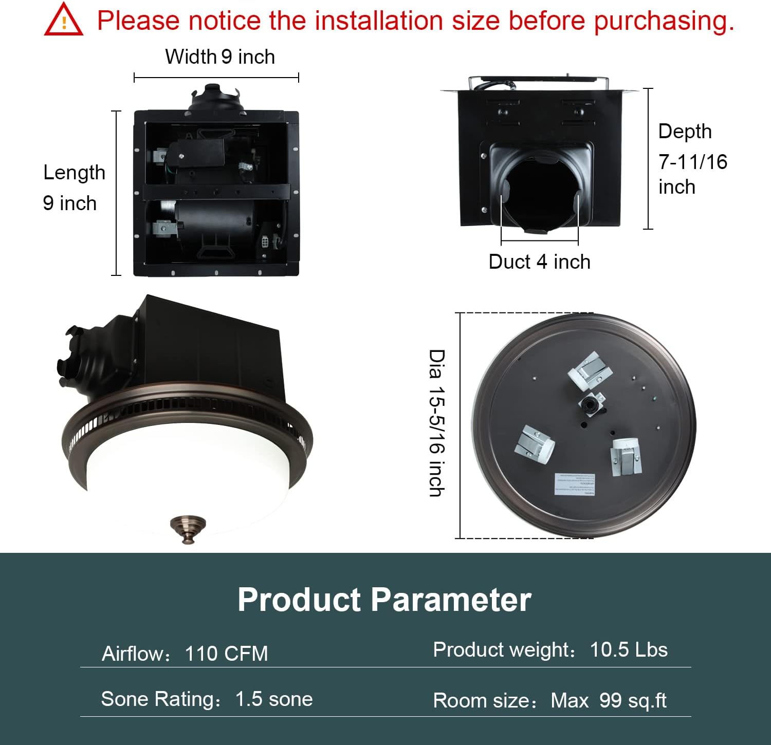 Round Exhaust Bathroom Fan with Warm Light and Nightlight A360