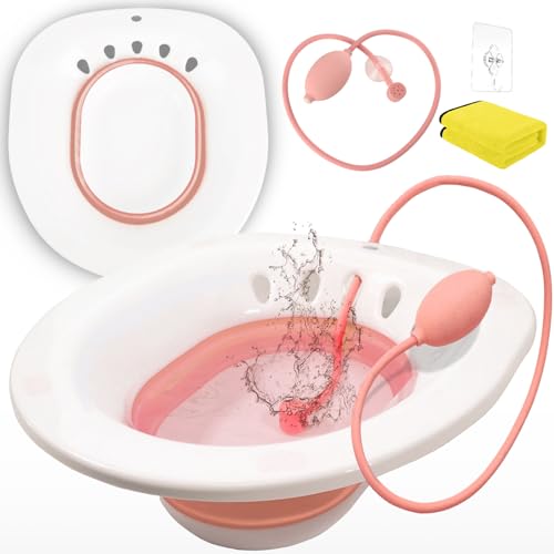 Sitz Bath for Toilet Hemorrhoids Postpartum Care, Perineal Soaking Bath Over The Toilet Seat, Collapsible Sitz Basin with Flusher for Vaginal Anal Inflammation Treatment, Yoni Steam Seat, White/Blue