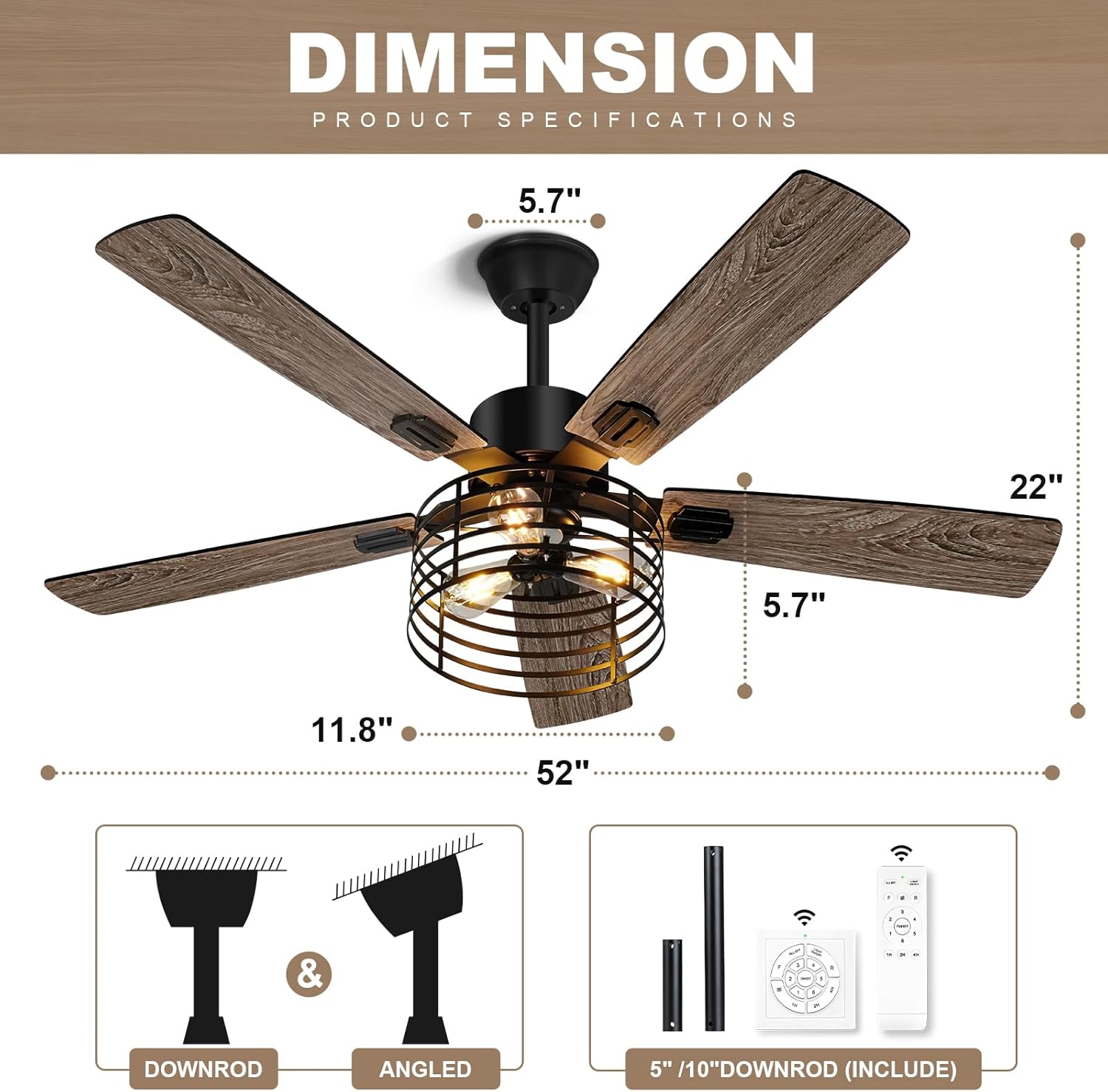 52 Inch Farmhouse Ceiling Fan with Light and Remote, Rustic Caged Design K281575