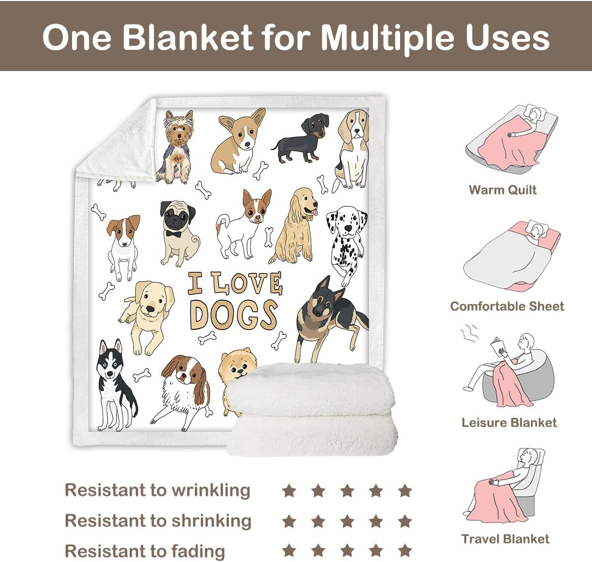 Puppy Print Sherpa Blanket Soft Reversible Throw for Bed Sofa R158087