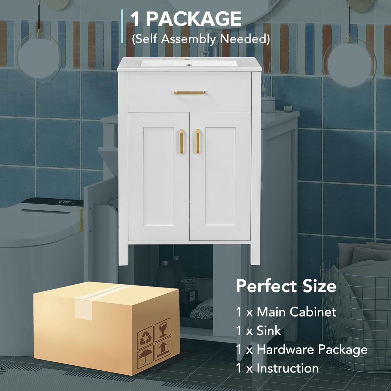 24" Bathroom Vanity with Sink, Single Basin, 2 Soft-Close Doors and Drawer, White G688089
