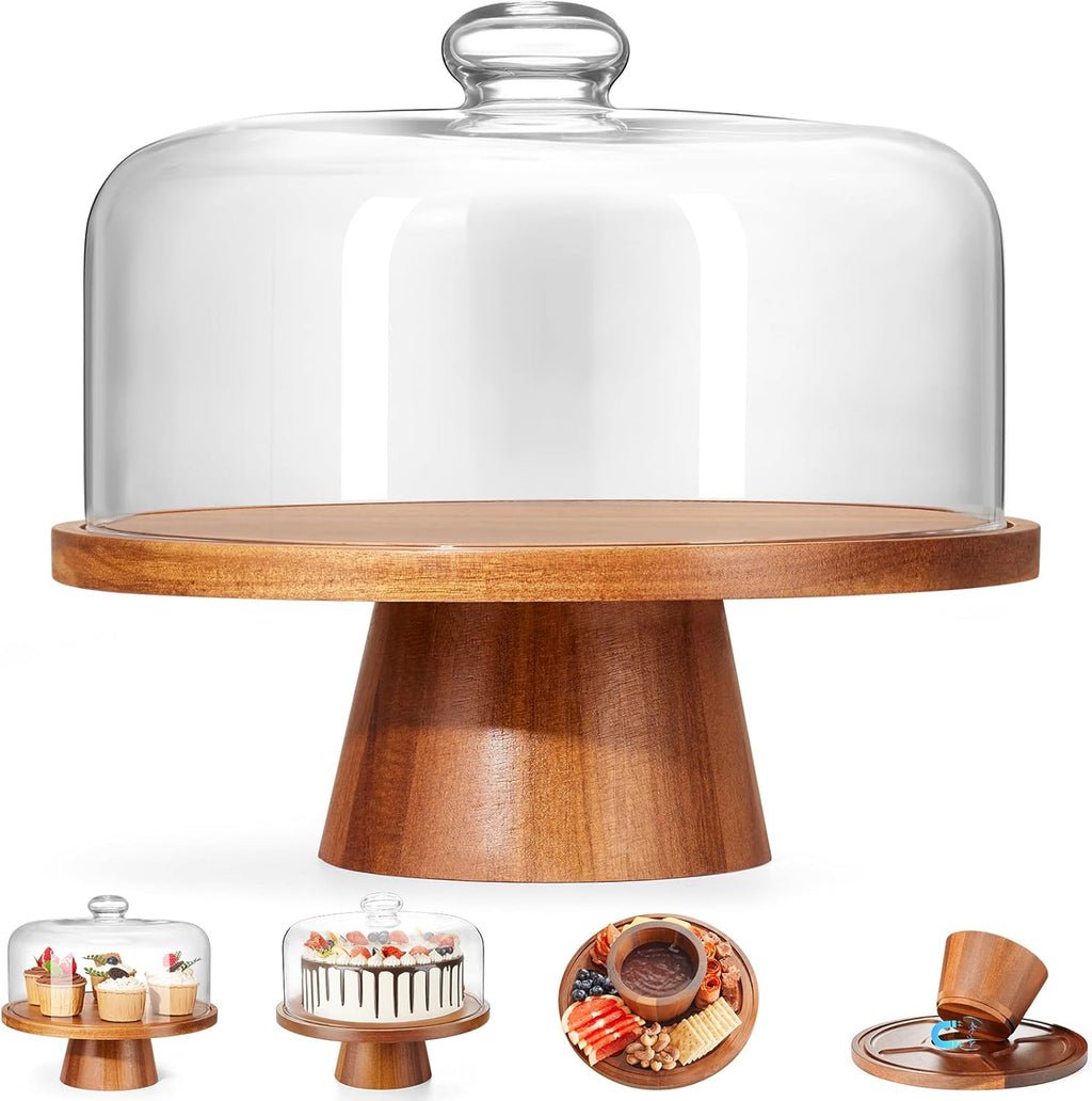 Wood Glass Cake Stand with Dome, 2-in-1 Magnetic Cake Stand with Lid-Multifunctional Cake Plate with Cover for Birthday/Kitchen/Party/Charcuterie Board 11IN