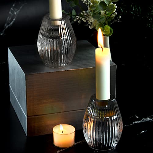 Ribbed Glass Taper Candle Holders Set of 2 for Home Decor X2390