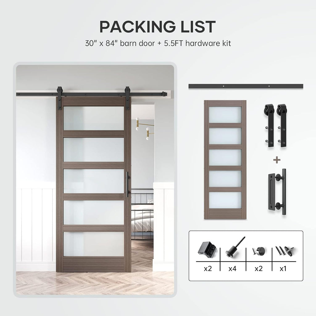 Glass Sliding Barn Door Slab with Hardware Kit, MDF Wood Panel, PVC Surface U32901