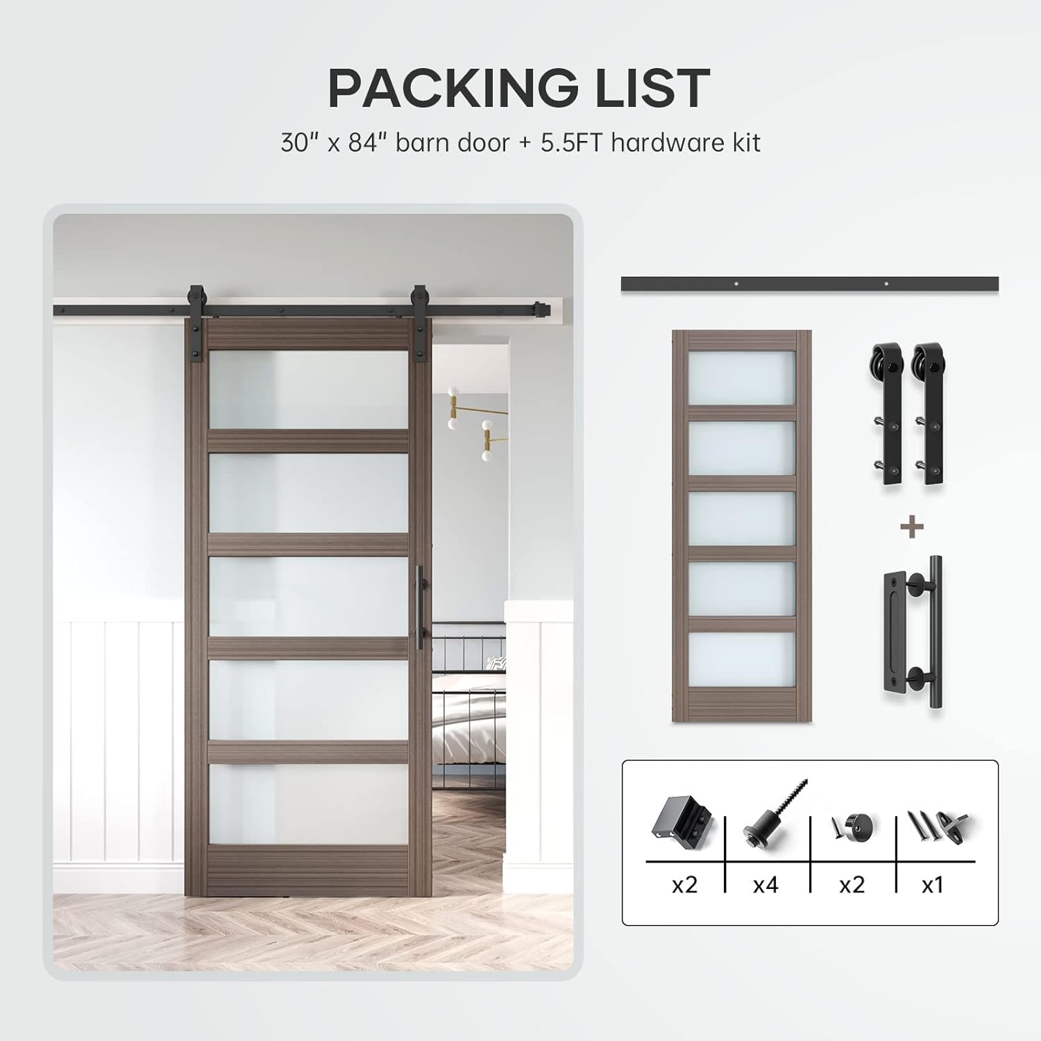 Glass Sliding Barn Door Slab with Hardware Kit, MDF Wood Panel, PVC Surface U32901