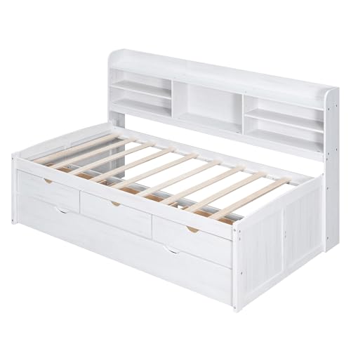 Twin Size Captain Bed with Built-in Bookshelves, Storage Drawers and Trundle A24504