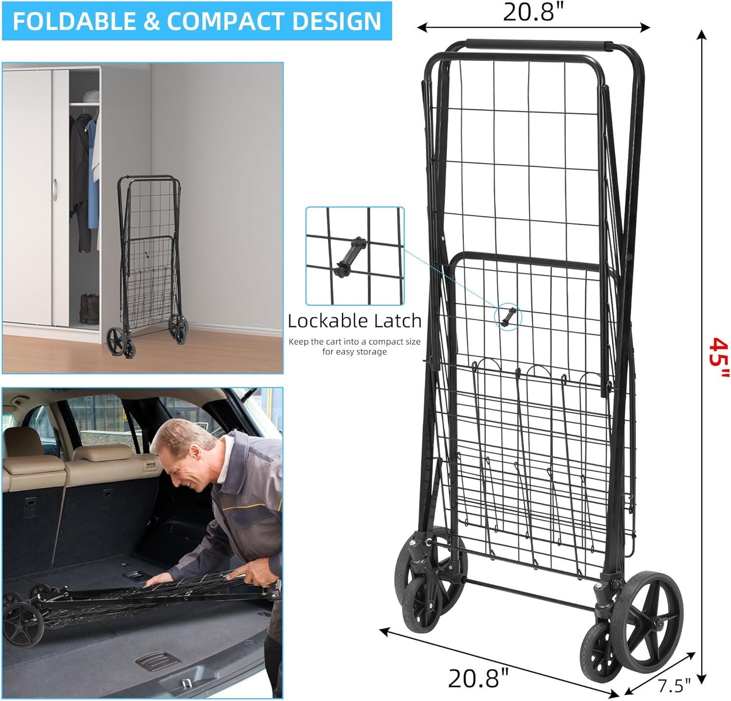 Folding Shopping Cart with Wheels Removable Liner I34891