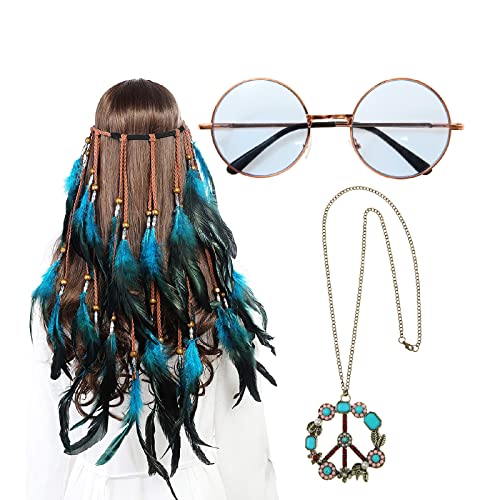 AWAYTR 3PCS Women Hippie Costume Set - 70s Hippie Boho Flower Headband Gold Peace Sign Necklace Hippie Daisy Sunglasses Women