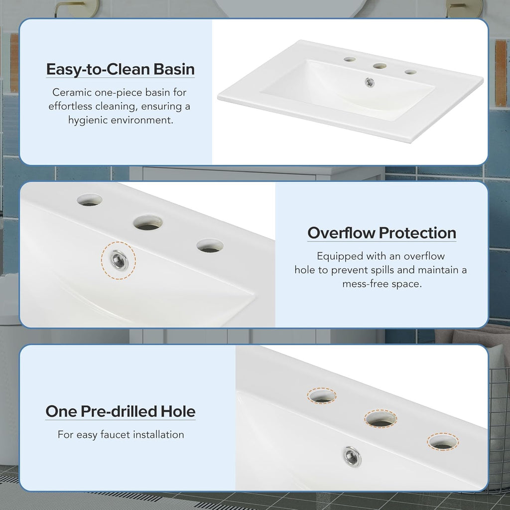 24" Bathroom Vanity with Sink, Single Basin, 2 Soft-Close Doors and Drawer, White G688089