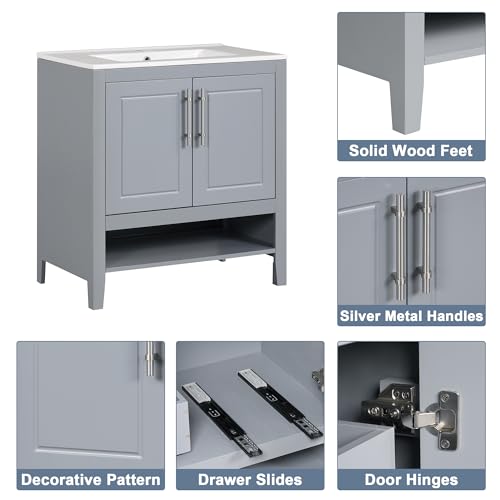 Bathroom Vanity with Sink and Storage Cabinet, Solid Wood Frame, White K2125