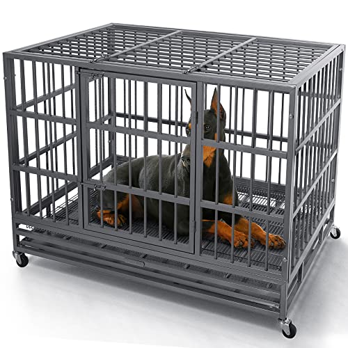 Otaid 48 Inch Heavy Duty Dog Crate Cage Kennel with Wheels, High Anxiety Indestructible Dog Crate, Sturdy Locks Design, Double Door and Removable Tray, Extra Large XL XXL Dog