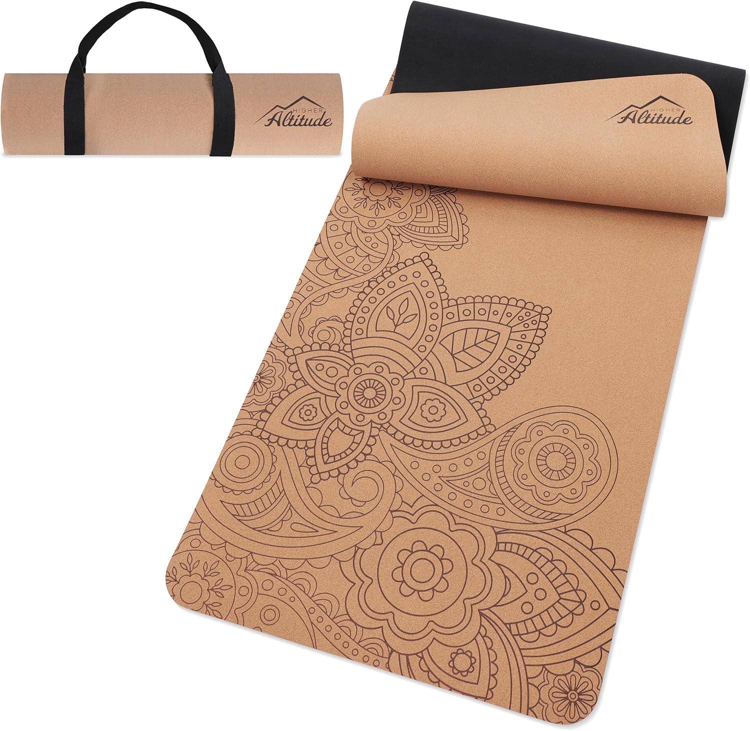 Body Yoga Cork Mat - 72 x 24in Cork Exercise Mat with Rubber Padding and Carrying Loop - Flower Design