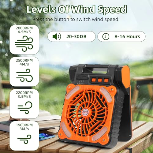 Solar Powered Camping Fan with LED Light, 4 Speeds, Rechargeable E6998