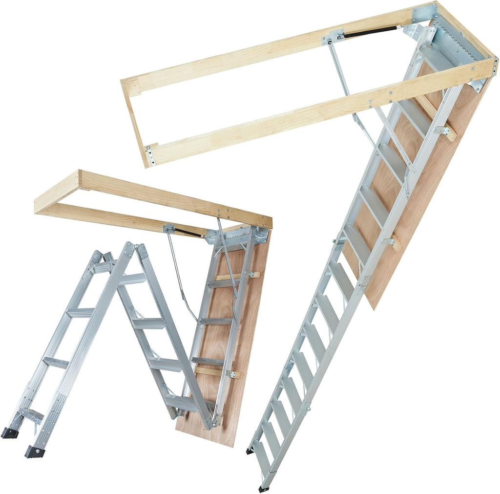 Attic Ladder Foldable, 350-pound Capacity, Aluminum, Fits 9.5'-12' Ceiling Heights I77732