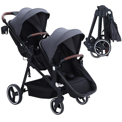 GAOMON Double Stroller Track Tandem Stroller for Infant and Toddler, Foldable Pushchair Bassinet Pram, Multi-Position Reversible & Adjustable Backrest, Large Storage Basket and Canopy, Light Gray
