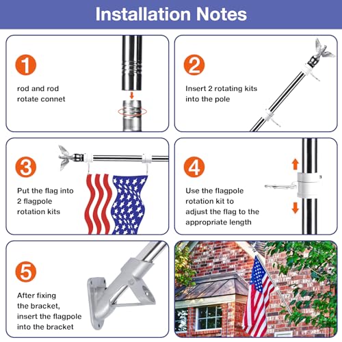 6FT Flag Pole Kit with Holder Bracket, Stainless Steel Tangle Free for Outside Porch I5911