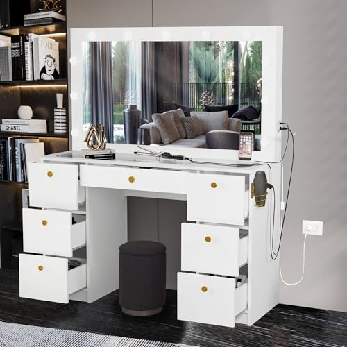 Makeup Vanity Desk with Lights, 7 Drawers, Black Mirror, Power Outlet J554