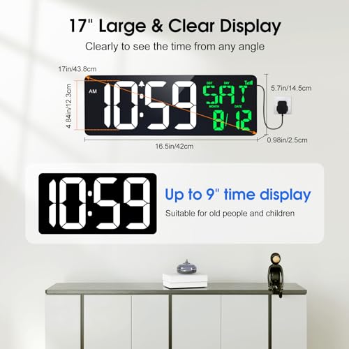 17 Inch Digital Wall Clock with Bluetooth Time Sync and Auto-Dimming X6086
