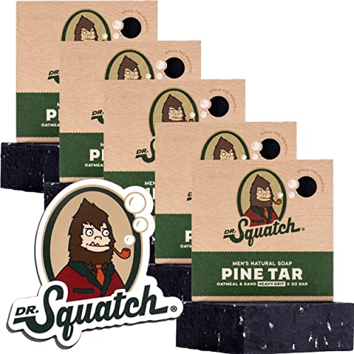Dr. Squatch Men's Bar Soap - 5 Pack Pine Tar - All Natural Bar Soap for Men with Heavy Grit - 5 Bars of Soap and a Collectible Magnet