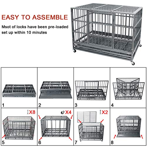 48 Inch Heavy Duty Dog Crate with Wheels, Double Door and Removable Tray R8437