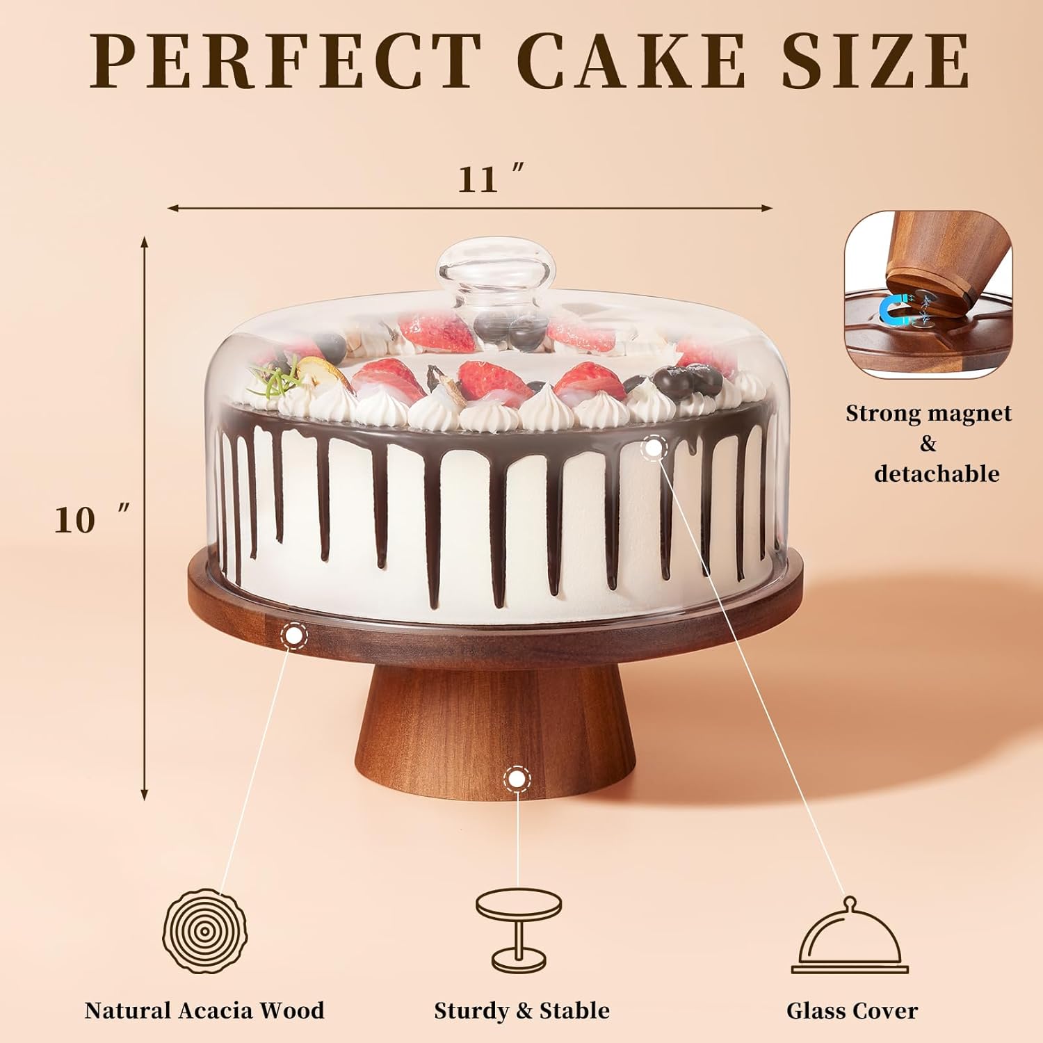 Glass Cake Stand with Dome, 2-in-1 Magnetic Lid, 11IN Y165158