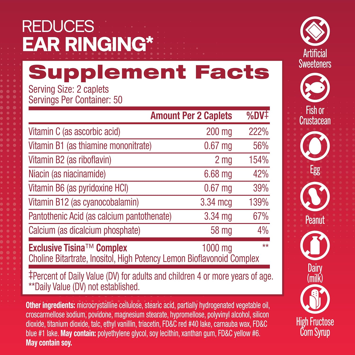 Tinnitus Relief Ear Health Vitamins with Bioflavonoids & Vitamin C, 150 Caplets Q459894