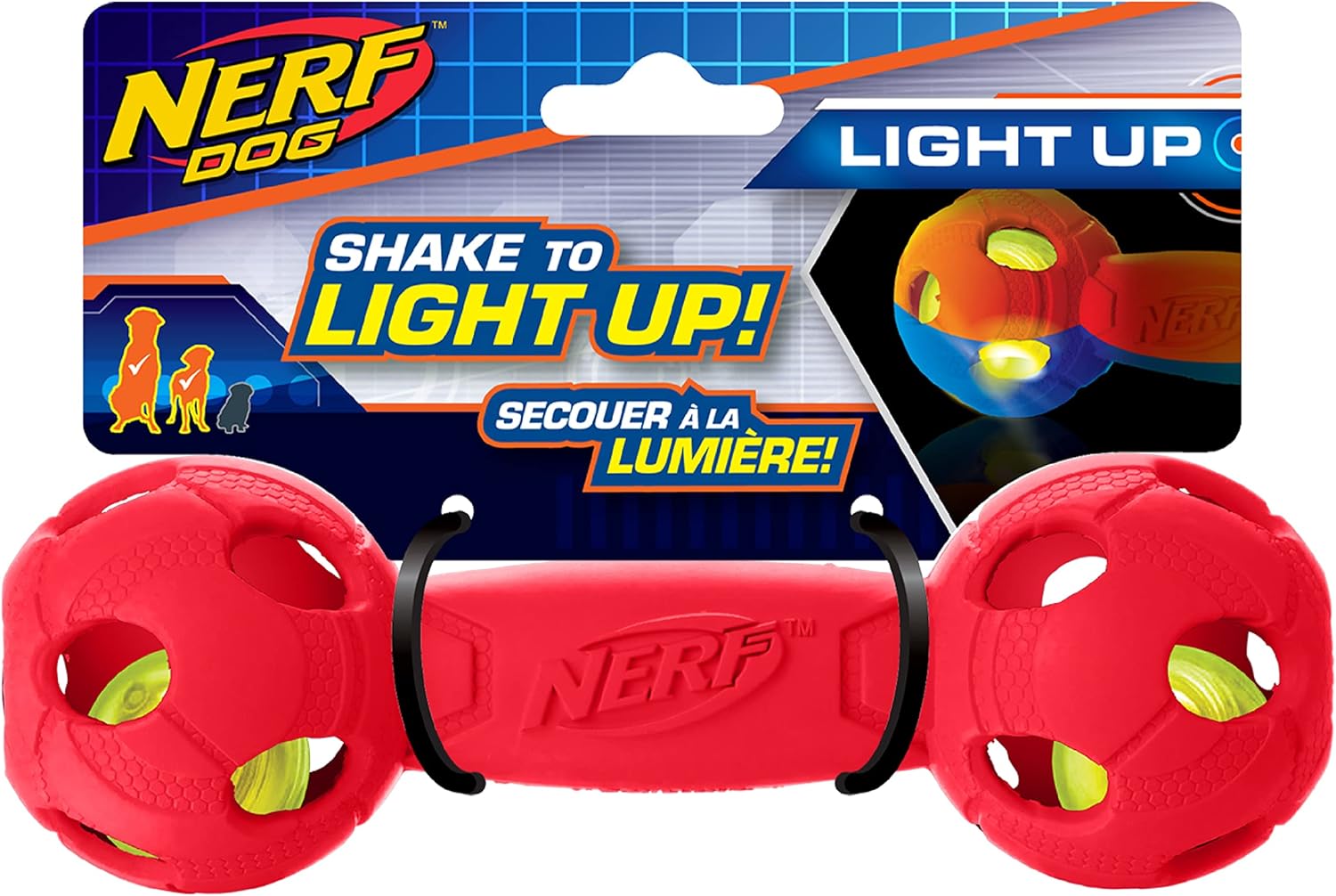 Nerf Dog Rubber Bash Barbell Dog Toy with Interactive LED, Lightweight, Durable and Water Resistant, 7 Inches, for Medium/Large Breeds, Single Unit, Red