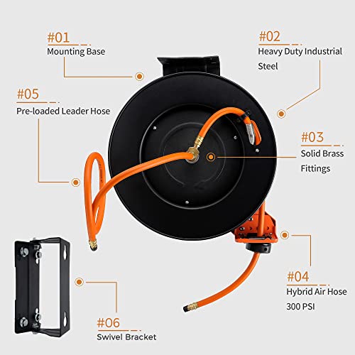 Retractable Air Hose Reel 3/8" x 50 ft, 300 PSI, Ceiling/Wall Mounted J928101