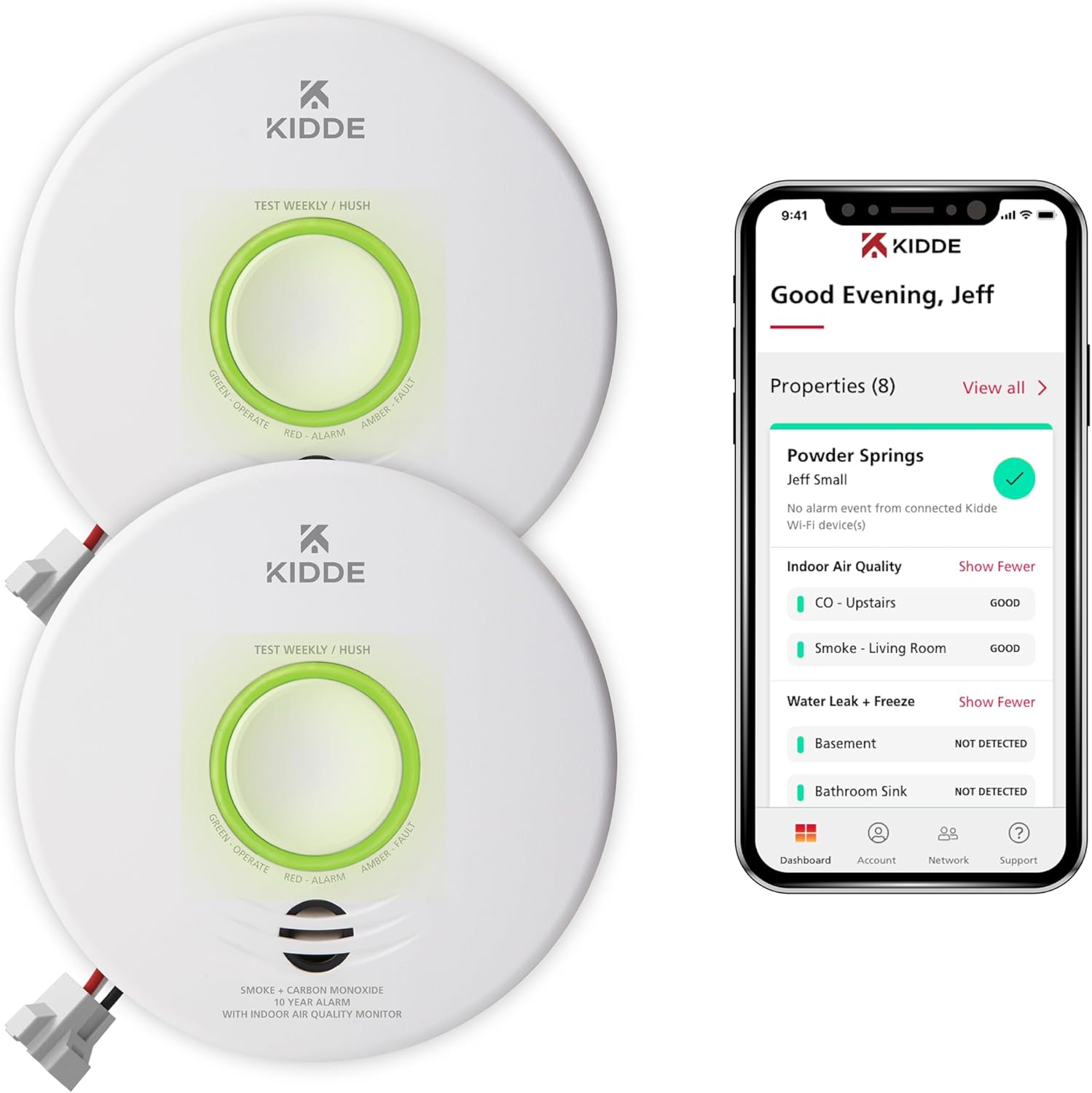 Kidde Smart Smoke & Carbon Monoxide Detector & Indoor Air Quality Monitor, WiFi, Alexa Compatible Device, Hardwired w/Battery Backup, Voice & App Alerts