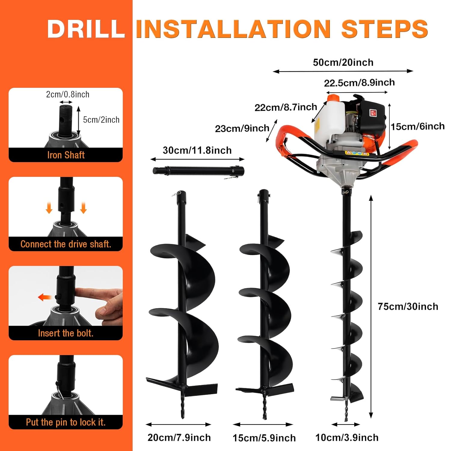 Gas Powered Post Hole Digger with Drill Bits and Extension Rods J2624