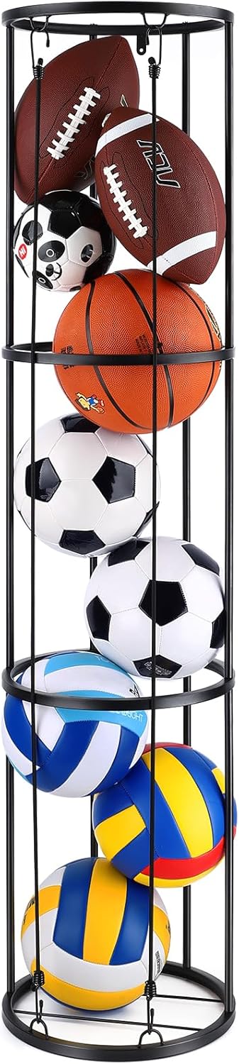 TOBWOLF 3 Layer Vertical Ball Storage Rack, Wall Mounted Ball Storage Cage Ball Holder, Space-Saving Garage Sports Ball Storage Organizer, Sports Basketball Football Rack Organizer for Garage & Home