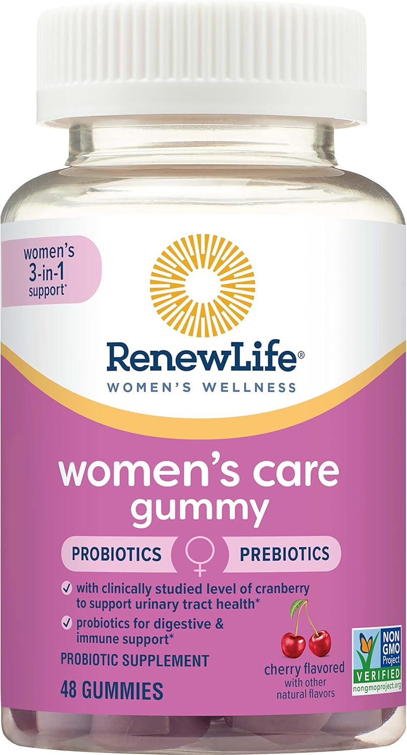 Renew Life Women's Care Cherry Prebiotic and Probiotic Gummies, Digestive, Urinary Tract and Immune Health, B. Coagulans and B. Subtilis, Dairy, Soy and gluten-free, 2 Billion CFU 48 Count