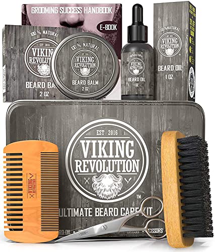 Beard Growth Kit - Oil, Balm, Serum, Derma Roller & Wooden Comb for Beard & Mustache Growth