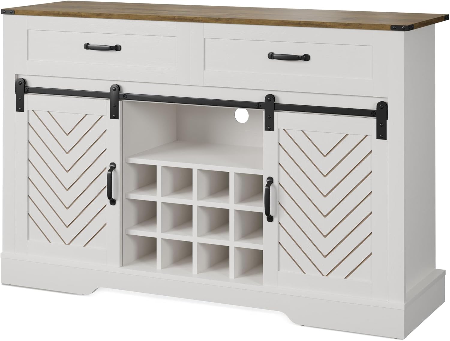 Sliding Barn Door Sideboard Buffet Cabinet with Wine Rack, White & Oak Y496