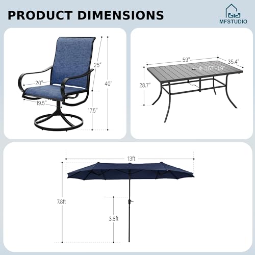 8 Piece Patio Dining Set with Umbrella, 6 Grey Sling Swivel Chairs, Rectangular Metal Table, 13 FT Beige Umbrella F91883