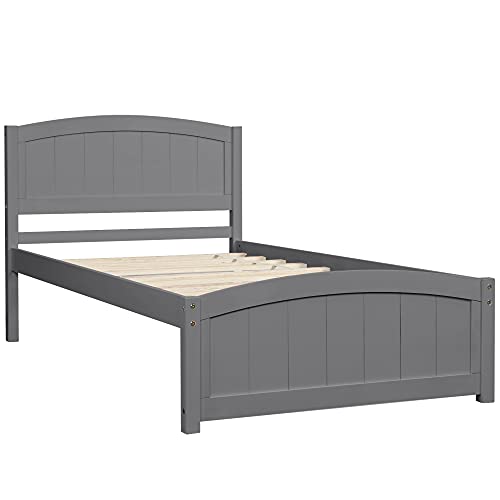 Twin Platform Bed Wood Frame with Headboard and Footboard, Wood Slat Support, No Box-Spring Needed U6068