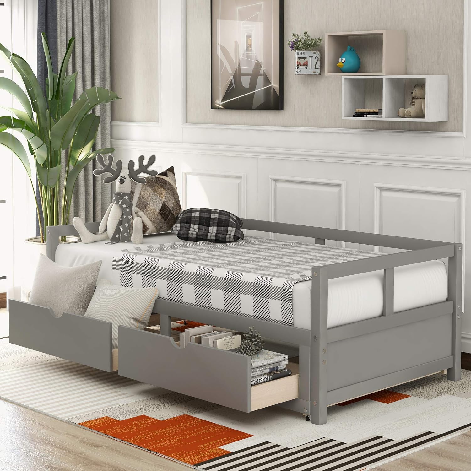 Wooden Daybed with Trundle and Storage Drawers, Twin to King, No Box Spring Required X4779