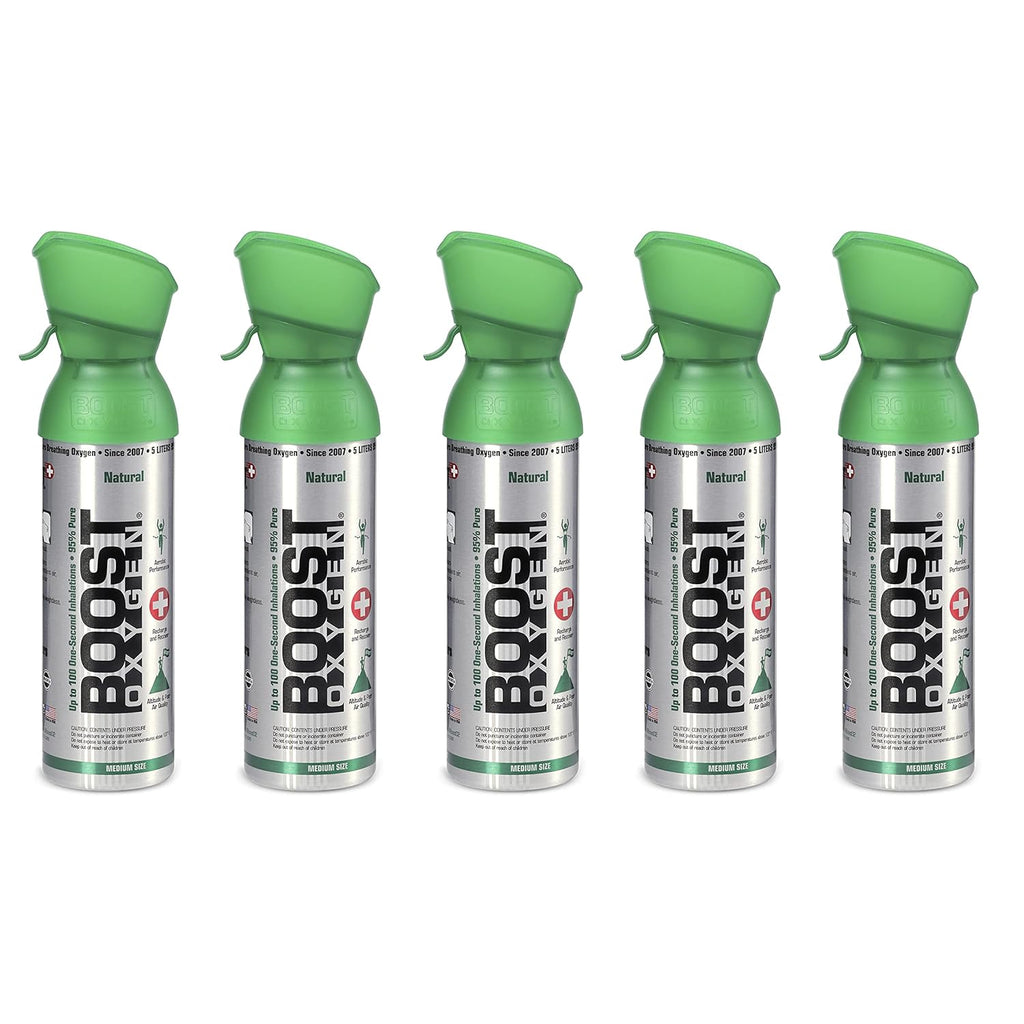 Boost Oxygen 5 Liter Natural Pure Canned Supplemental Oxygen Bottle with Built in Mouthpiece for High Altitudes and Recovery, Natural Flavor (5 Pack)