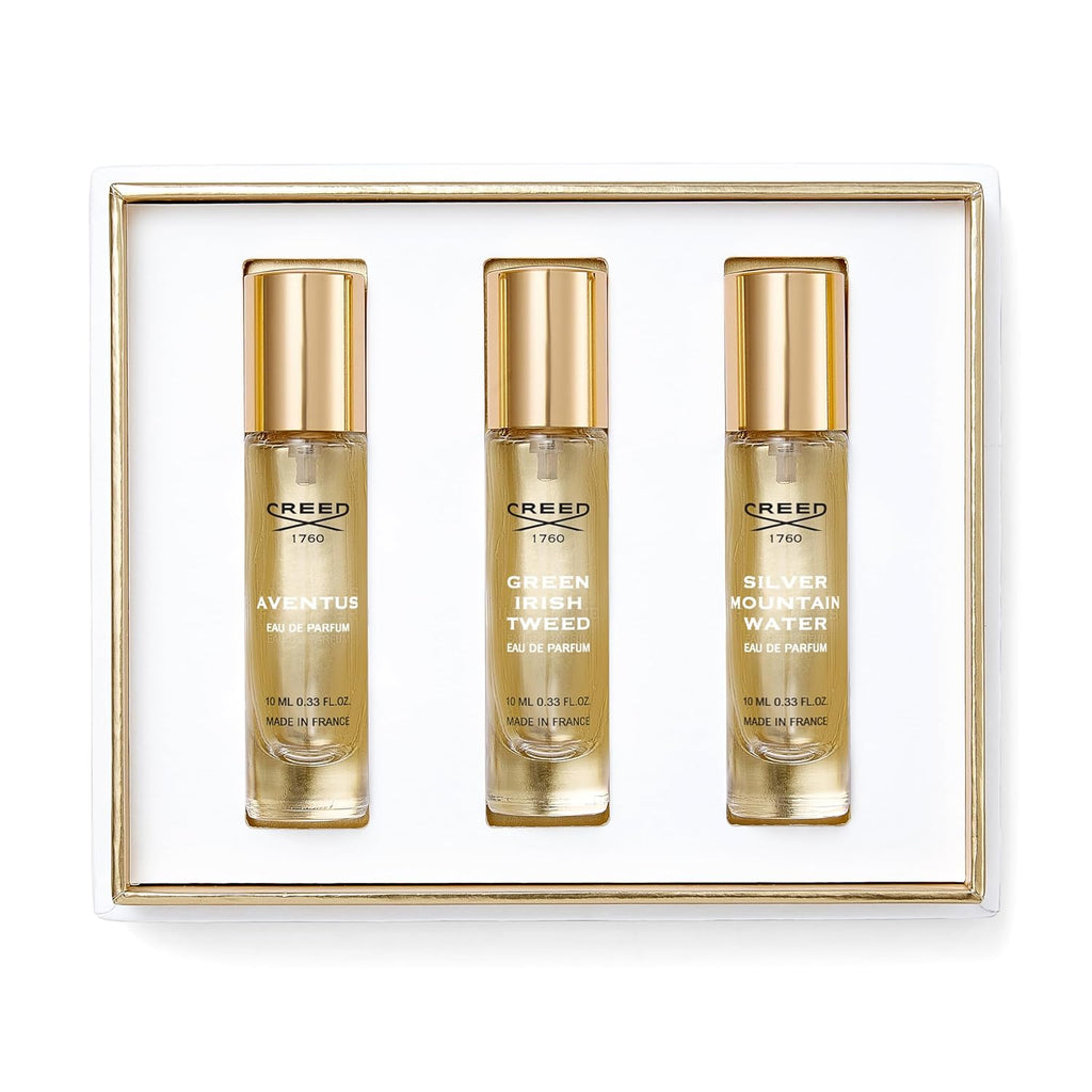 Creed Men's Holiday Gift Coffret Set, Features 3 Signature Cologne Scents of Aventus, Green Irish Tweed, & Silver Mountain Water, 3 x 10ml