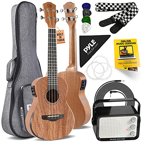 Pyle, 23" Acoustic Electric Ukulele-4String Professional Mahogany Tenor Ukulele w/Detachable Strap, 4 Celluloid Picks, Gig Bag, Cleaning Cloth, Strings, for Beginners & Advanced, (PUKTEA22)