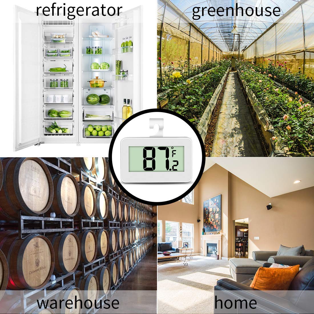 Mini Refrigerator Thermometer 2 Pack, Digital Freezer with Hook, Large LCD Display J609