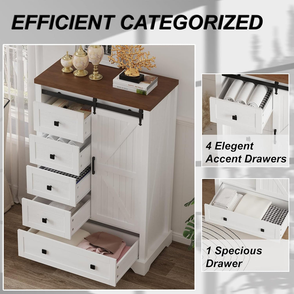 Farmhouse 5 Drawers Dresser with Sliding Barn Door and Adjustable Shelves K809
