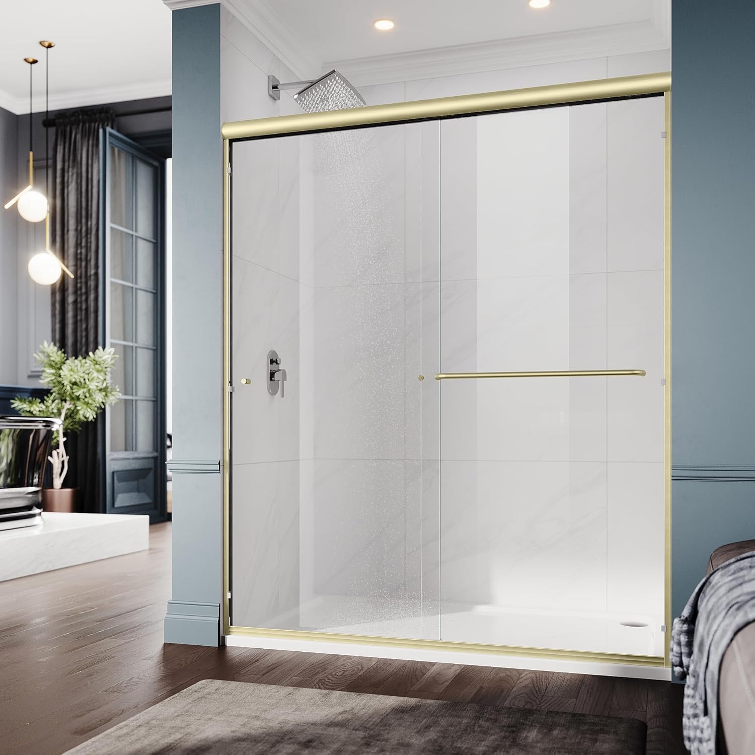 ELEGANT 60 in. W x 72 in. H Double Sliding Shower Door, Semi-Frameless Bypass Shower Glass Door, 1/4" Clear Tempered Glass, Brushed Gold Finish