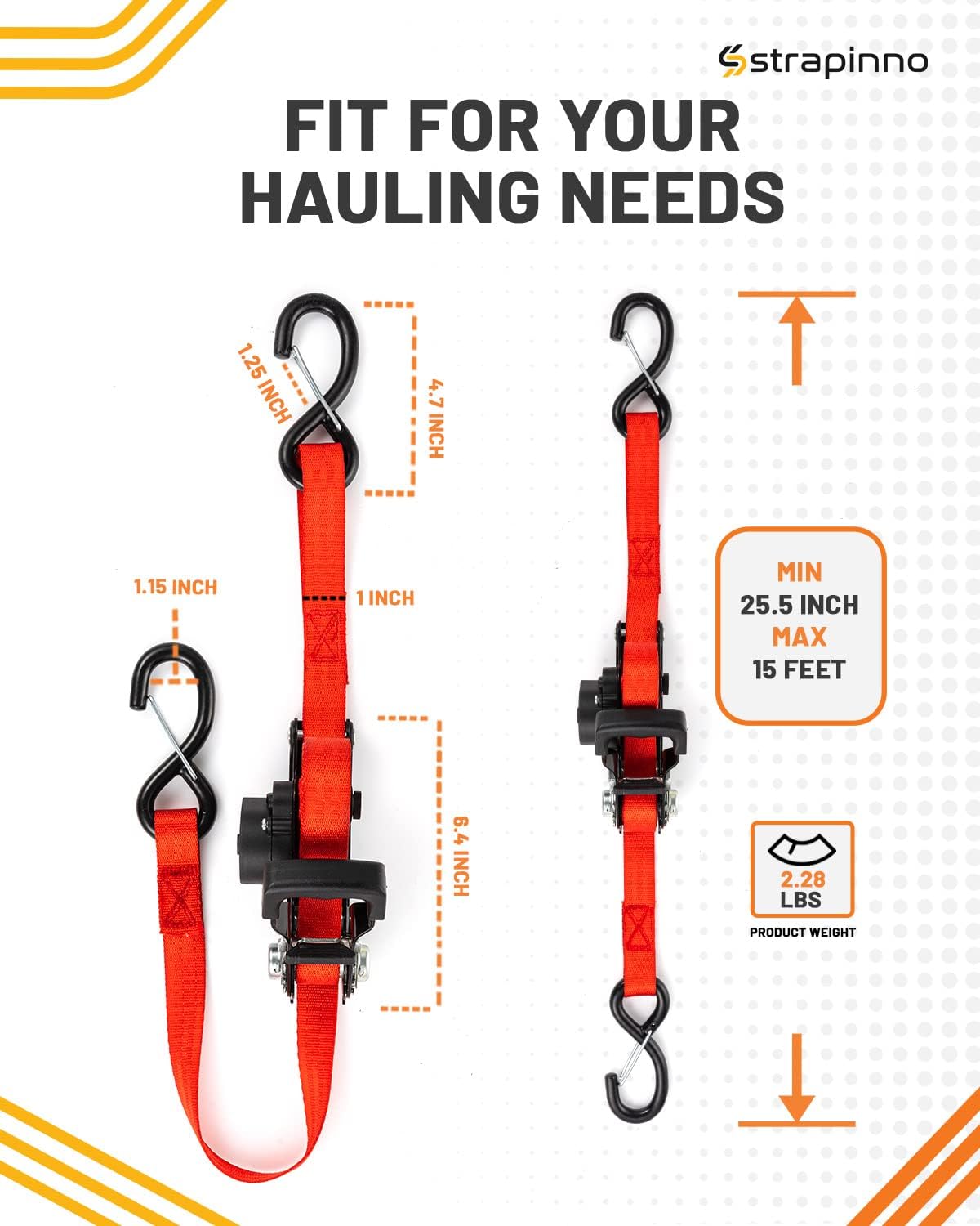 Retractable Ratchet Straps 1 in x 15 ft Heavy Duty Tie Downs with S Hooks I61423