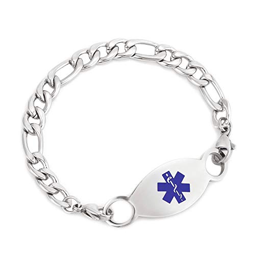 Medical Alert ID Bracelet for Women Interchangeable Stainless Steel Figaro Chain Emergency Awareness Bracelet Health Alert Tag Bracelet for Seniors, 6-8 inch (Free Engraving)