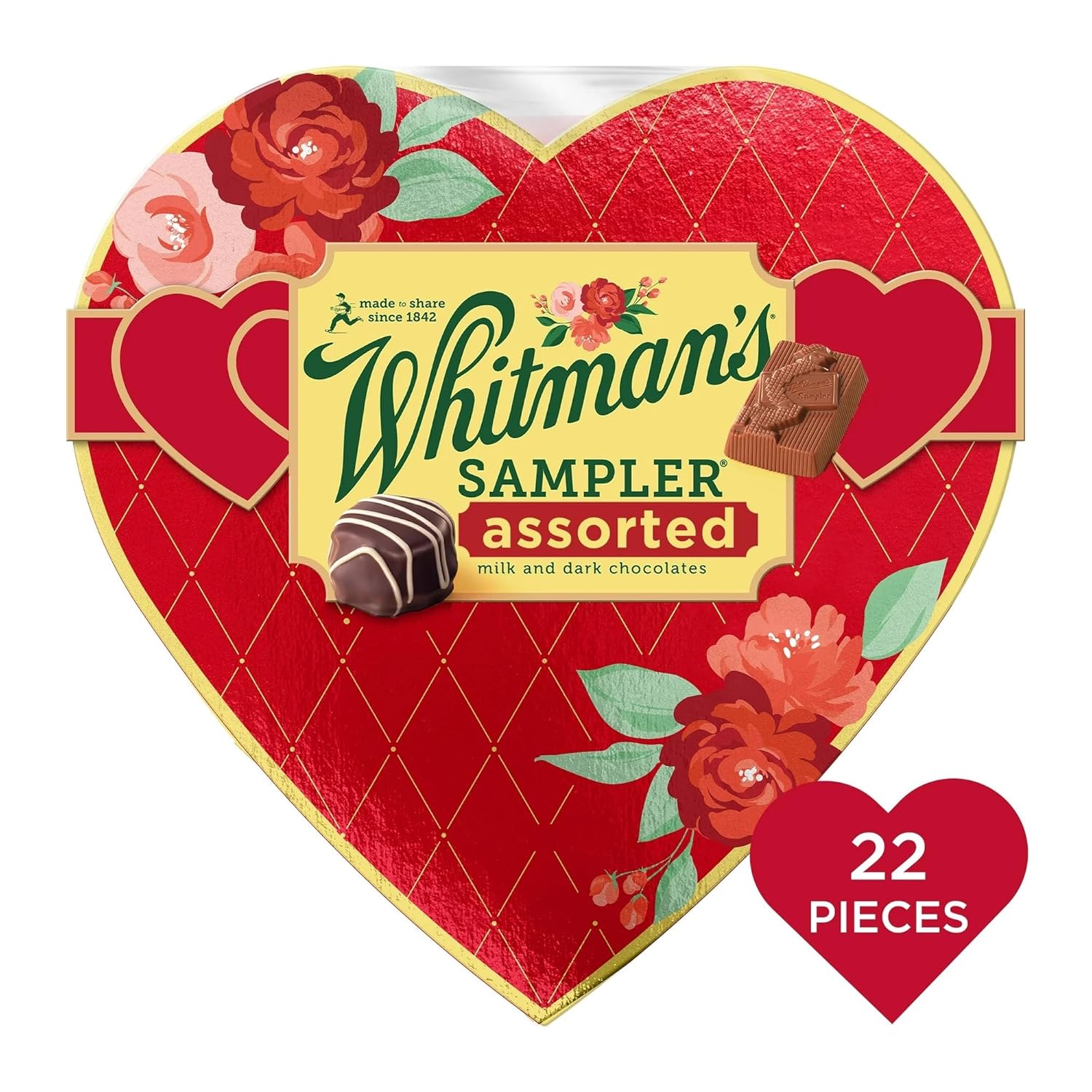 Whitman's Sampler Valentine's Day Red Floral Heart Shape Gift Box Assorted Milk & Dark Chocolate Gift Box, Perfect for Valentines Day, Mothers Day or Any Special Occasion - 10.3 oz. (22 pieces)