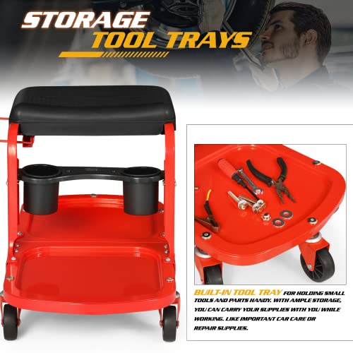 Garage Mechanic Creeper Seat with Tool Tray and Cup Holder, Rolling Stool on Wheels, 350 lbs Capacity H342679