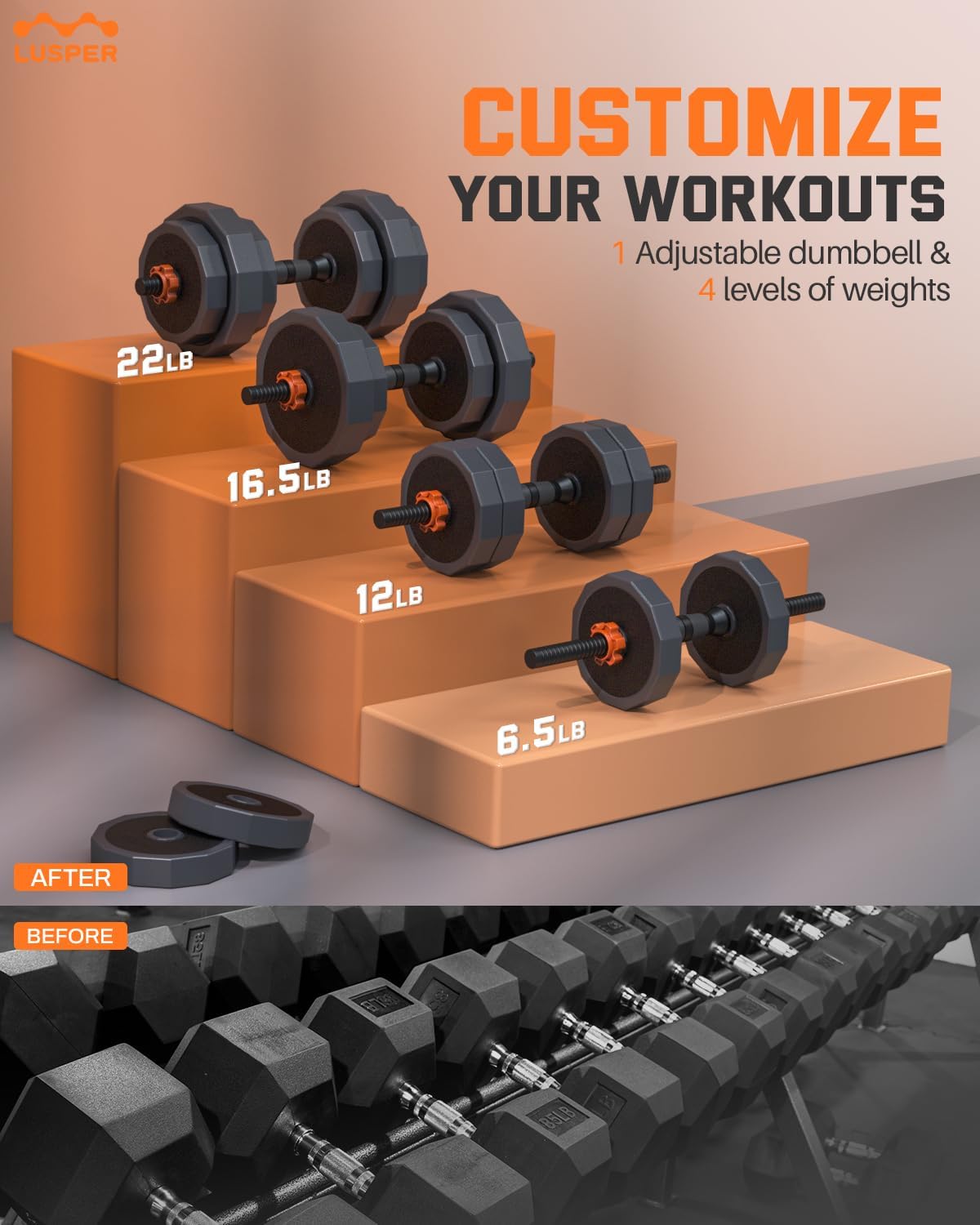 Adjustable Weight Bench with 44LB Dumbbell Set, 3 Modes Barbell Kettlebell J318