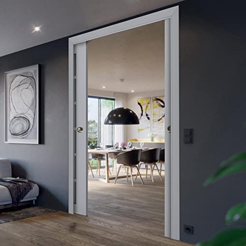 Sliding French Double Pocket Doors 48 x 80 inches Matte Grey with Frosted Glass Solid Wood Interior D687